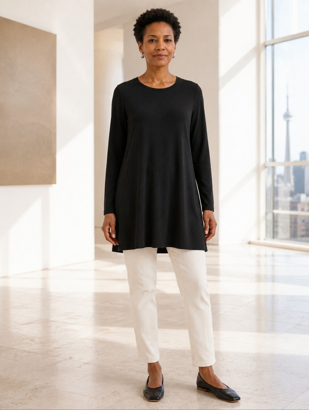 Eileen Fisher Black Stretch Viscose Jersey A-Line Tunic Top M